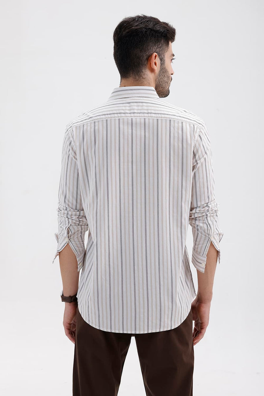 BASICS SLIM FIT CLOUD ECRU COTTON DOBBY STRIPE SHIRT