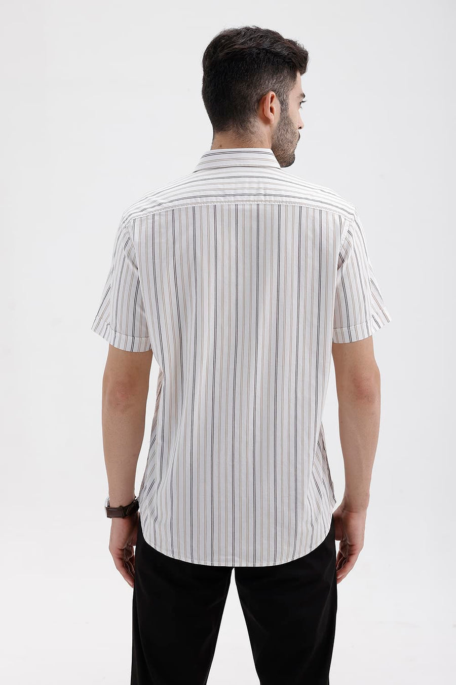 BASICS SLIM FIT CLOUD ECRU COTTON DOBBY STRIPE HALFSLEEVES SHIRT
