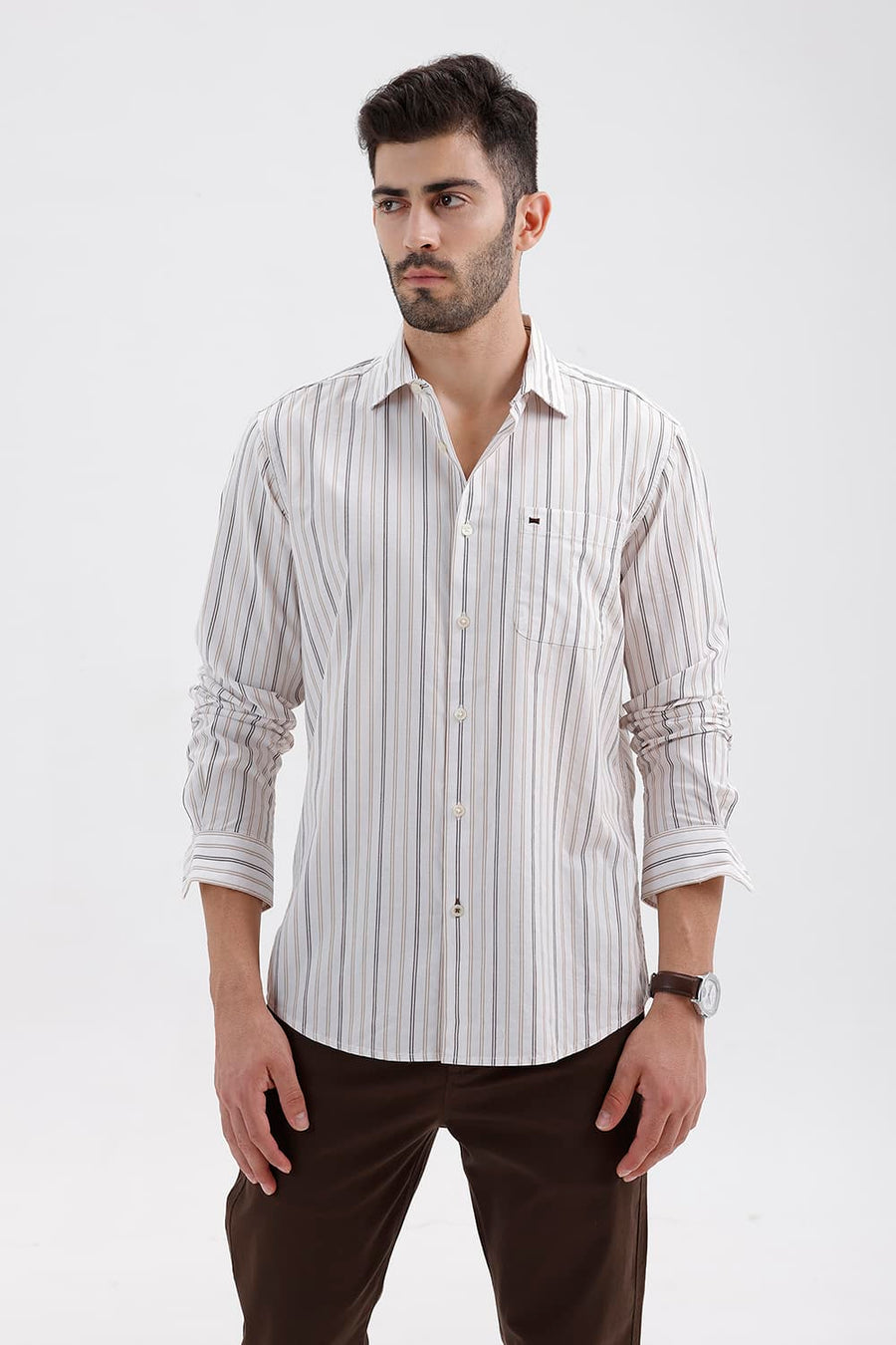 BASICS SLIM FIT CLOUD ECRU COTTON DOBBY STRIPE SHIRT