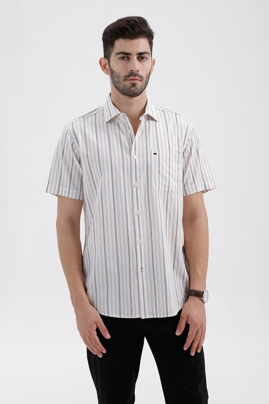 BASICS SLIM FIT CLOUD ECRU COTTON DOBBY STRIPE HALFSLEEVES SHIRT