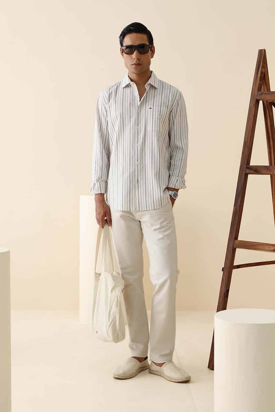 Basics Slim Fit Cloud Ecru Cotton Dobby Stripe Shirt