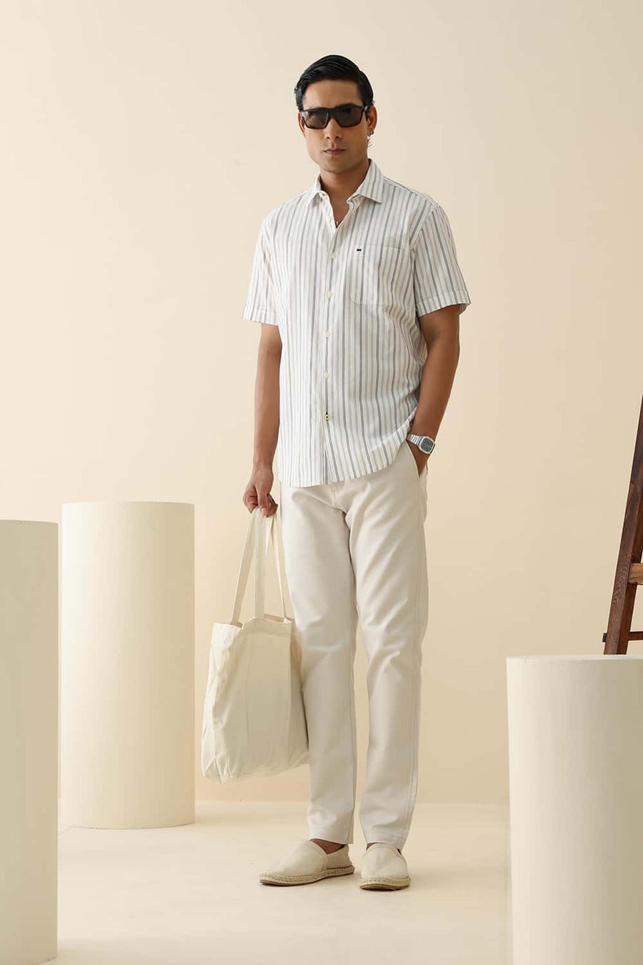 Basics Slim Fit Cloud Ecru Cotton Dobby Stripe Halfsleeves Shirt