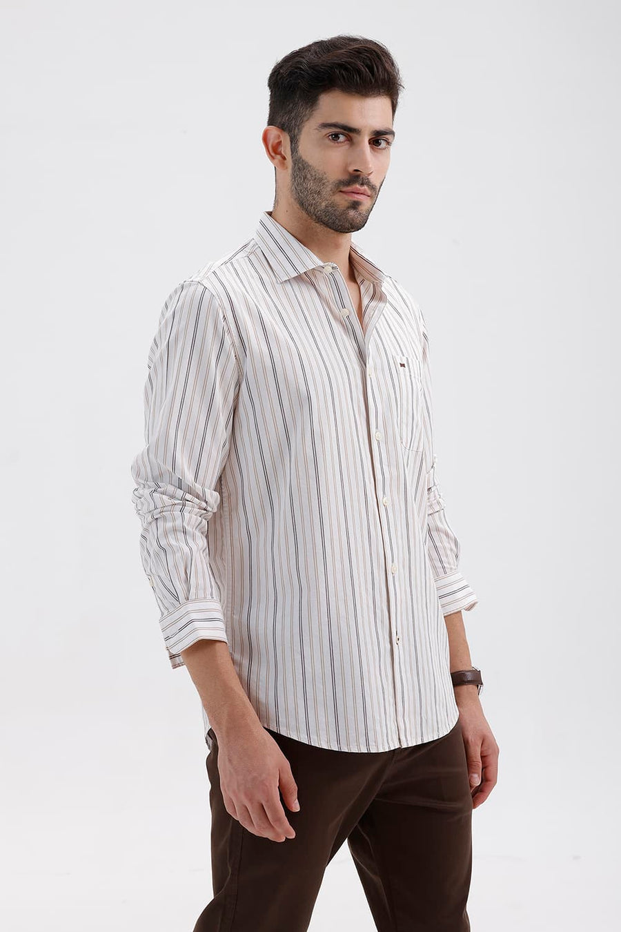 BASICS SLIM FIT CLOUD ECRU COTTON DOBBY STRIPE SHIRT