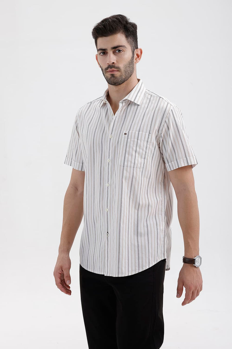 BASICS SLIM FIT CLOUD ECRU COTTON DOBBY STRIPE HALFSLEEVES SHIRT