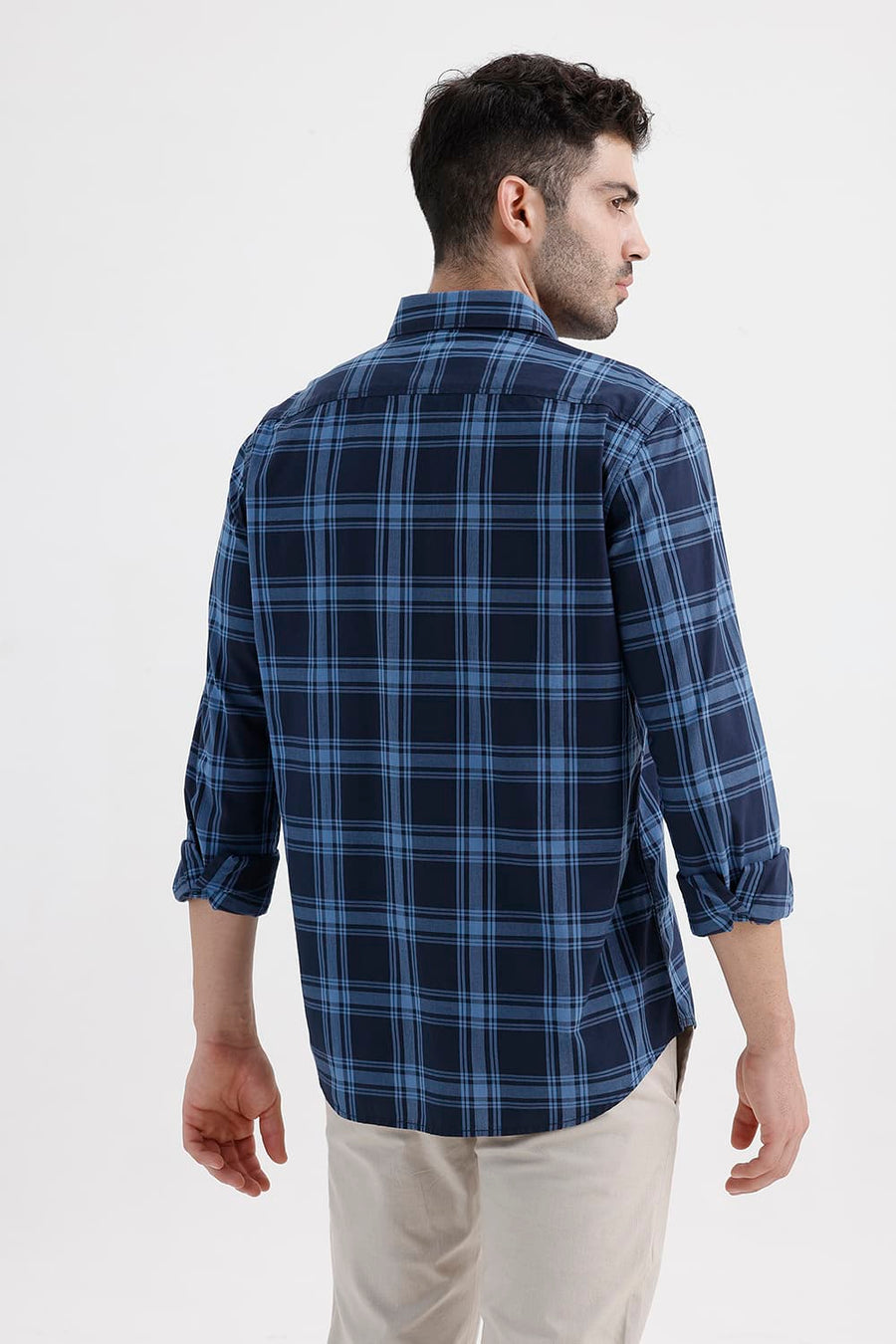 BASICS SLIM FIT BLUE ECLIPSE COTTON DOBBY CHECKS SHIRT