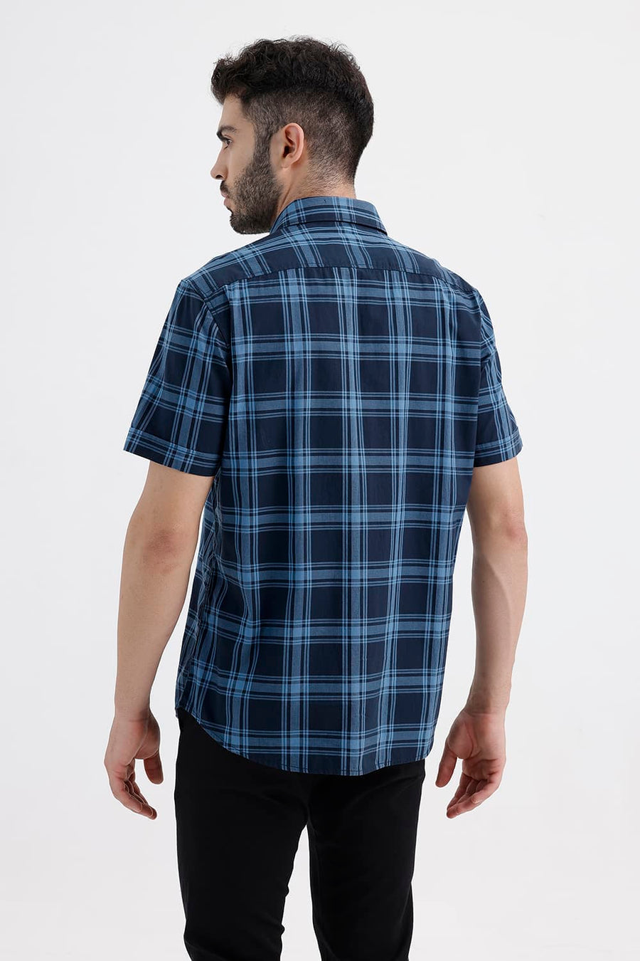 BASICS SLIM FIT BLUE ECLIPSE COTTON DOBBY CHECKS HALFSLEEVES SHIRT