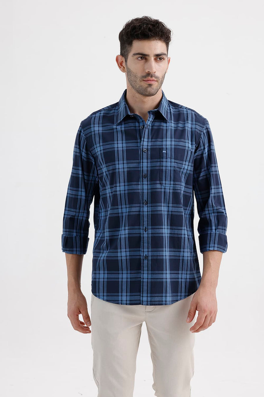 BASICS SLIM FIT BLUE ECLIPSE COTTON DOBBY CHECKS SHIRT
