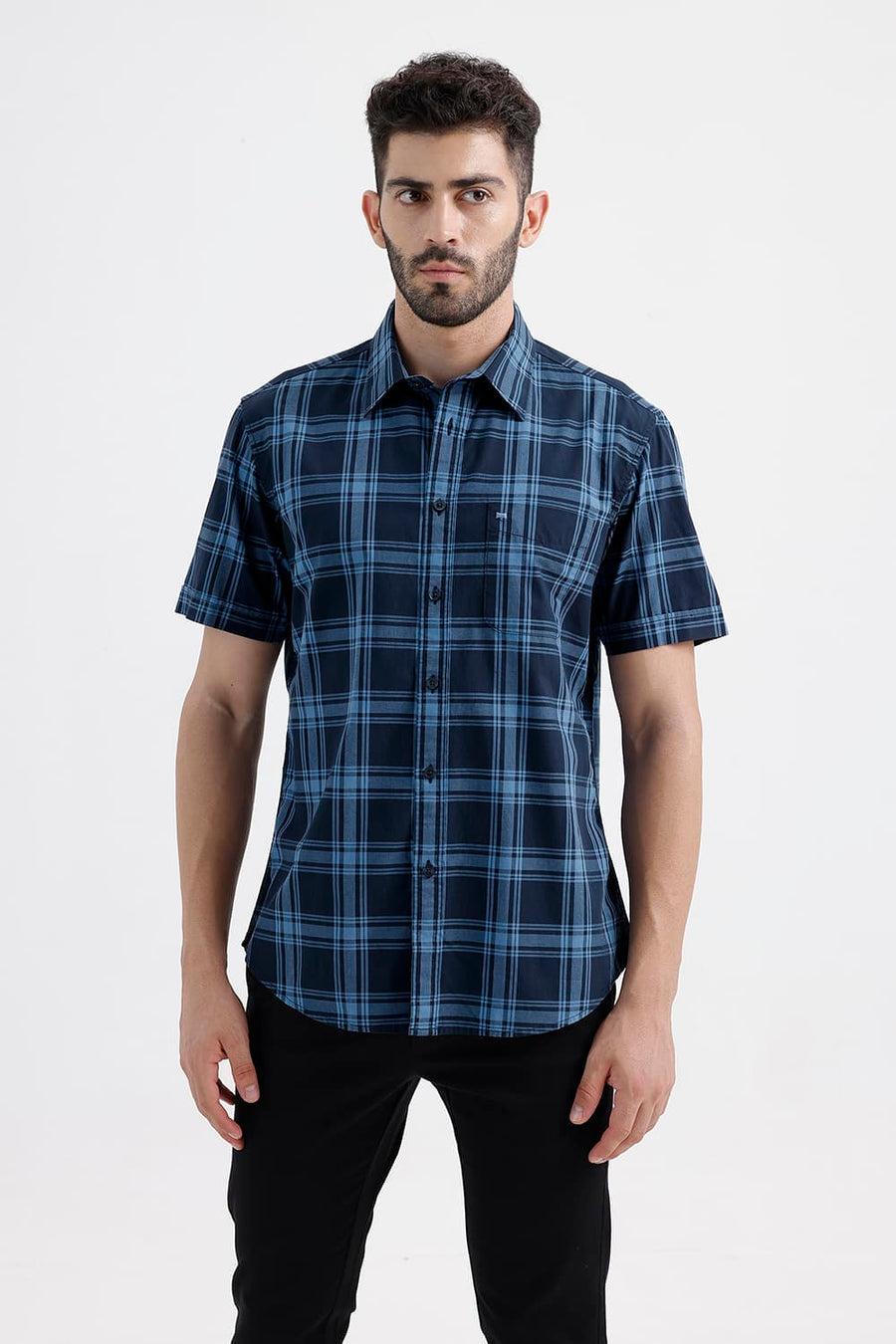 BASICS SLIM FIT BLUE ECLIPSE COTTON DOBBY CHECKS HALFSLEEVES SHIRT