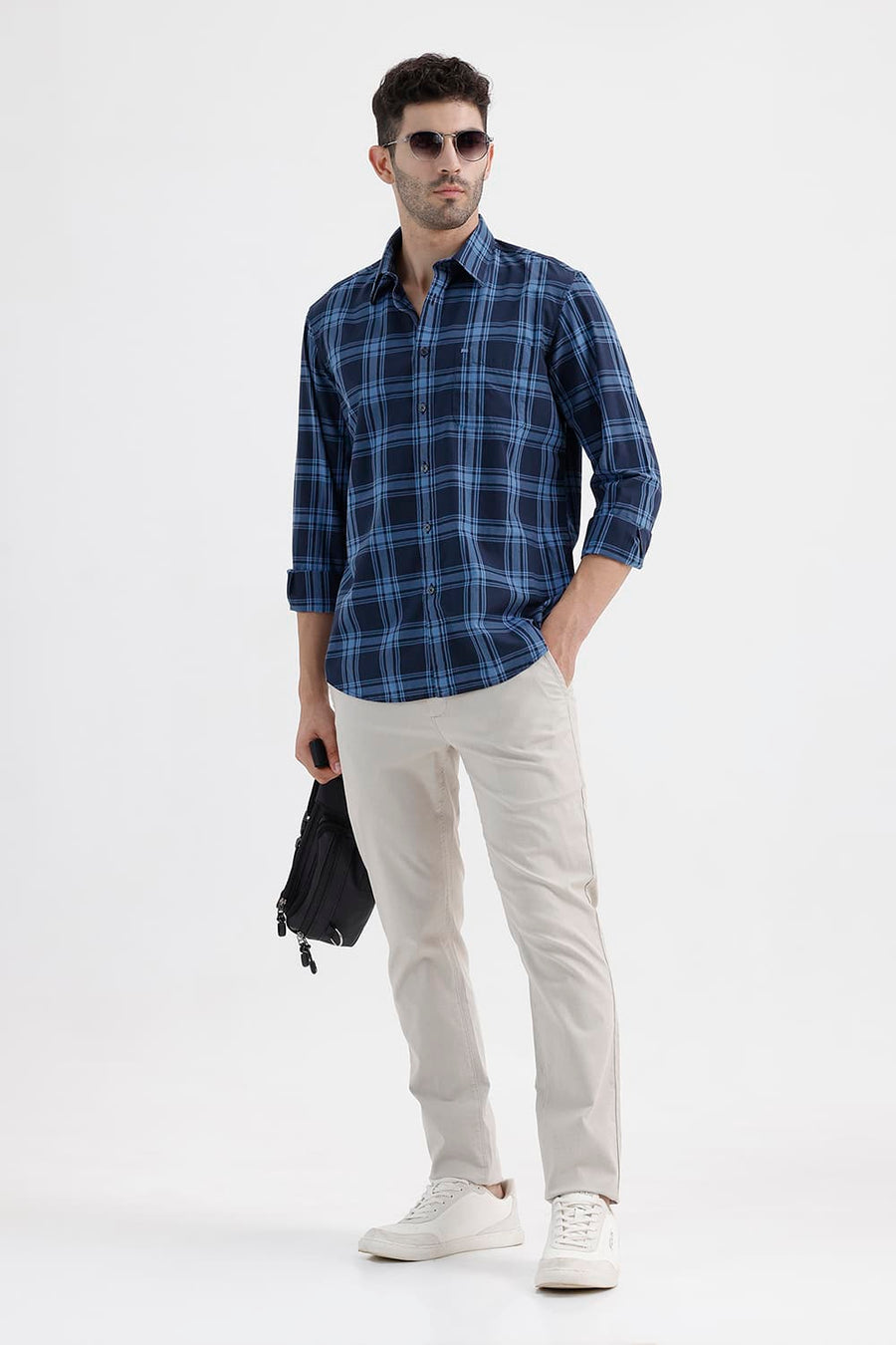 BASICS SLIM FIT BLUE ECLIPSE COTTON DOBBY CHECKS SHIRT
