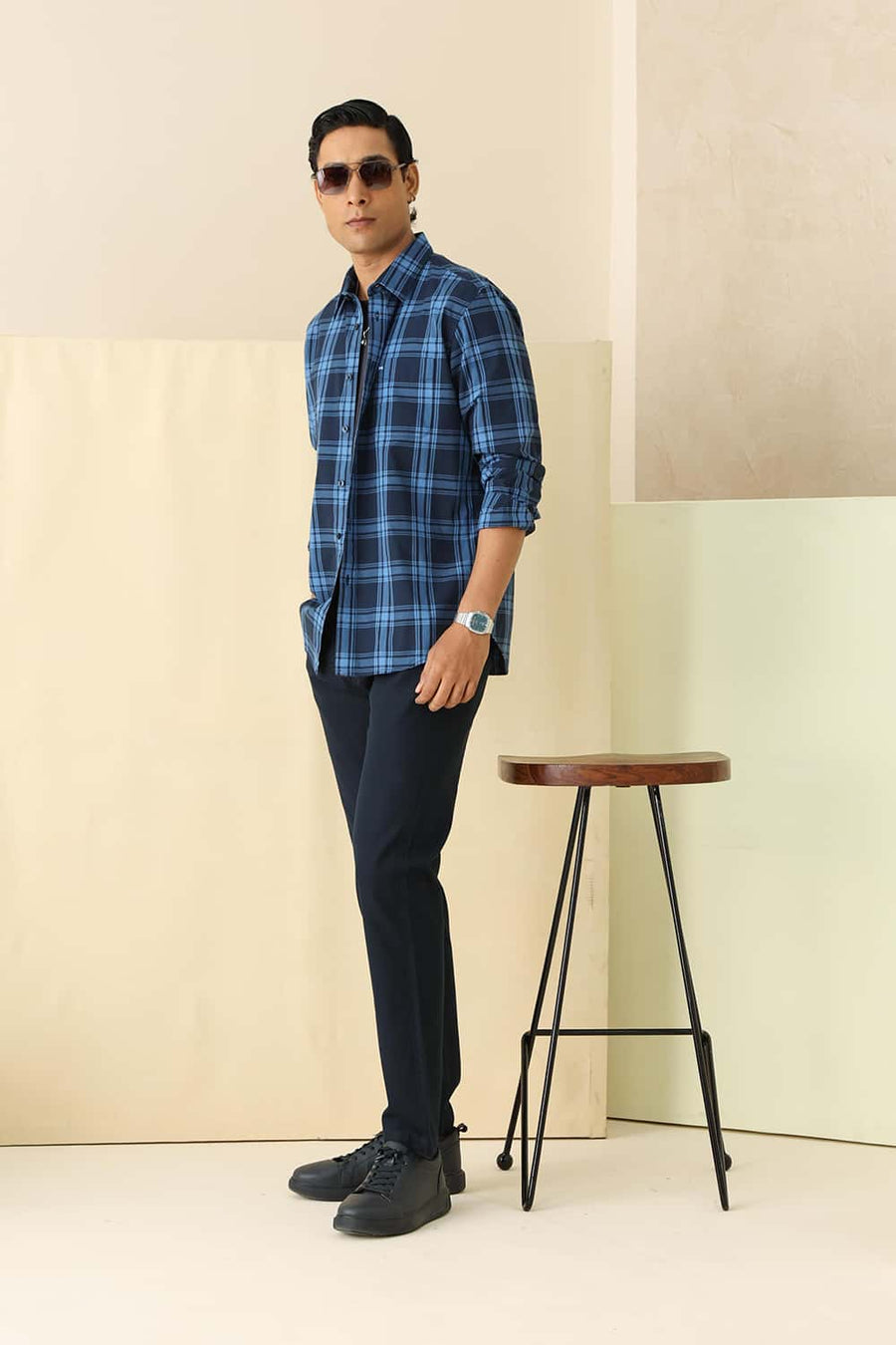 Basics Slim Fit Blue Eclipse Cotton Dobby Checks Shirt