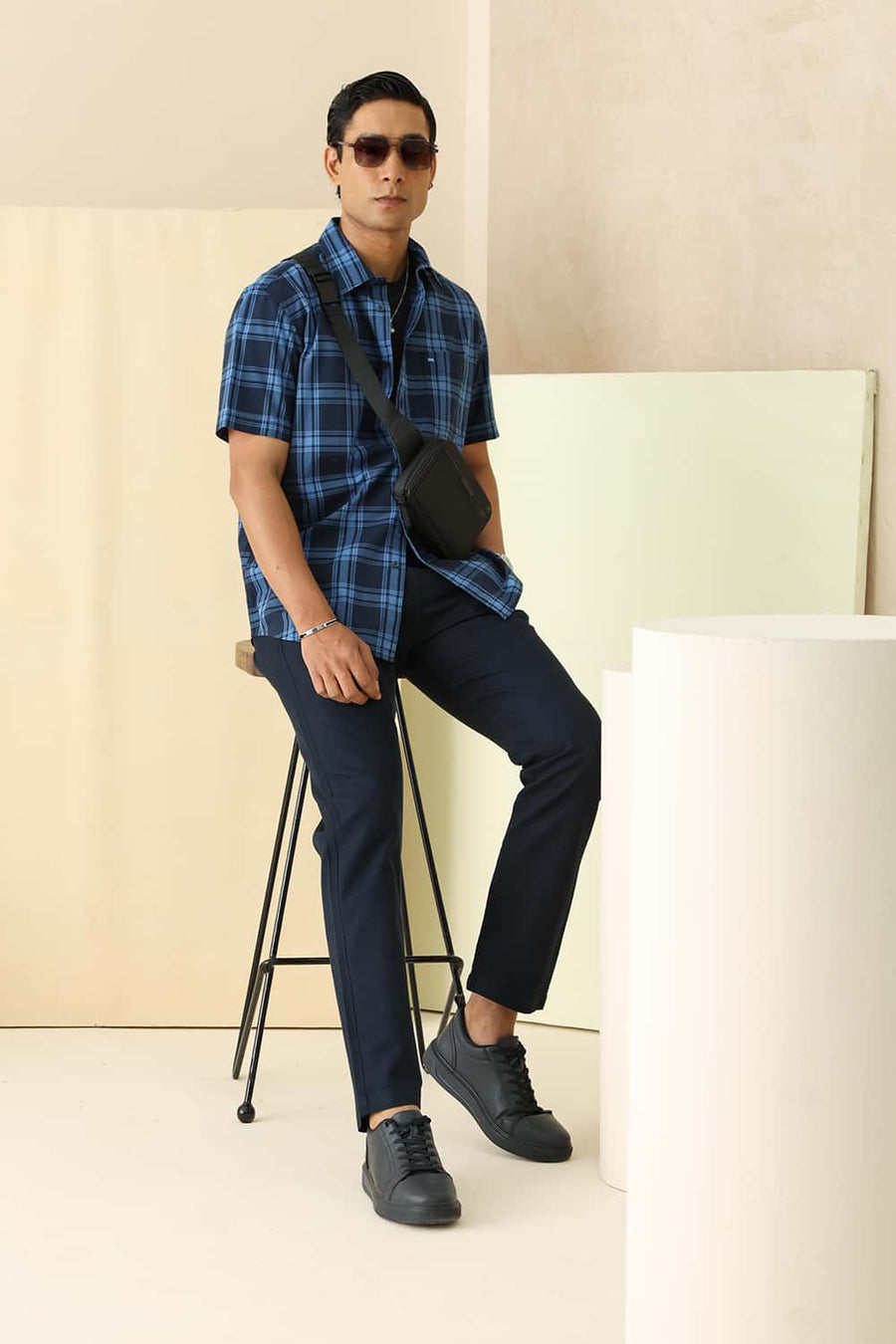 Basics Slim Fit Blue Eclipse Cotton Dobby Checks Halfsleeves Shirt