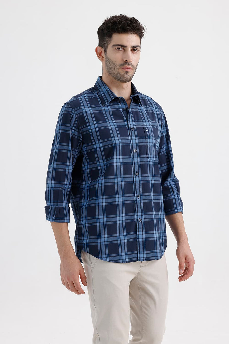 BASICS SLIM FIT BLUE ECLIPSE COTTON DOBBY CHECKS SHIRT