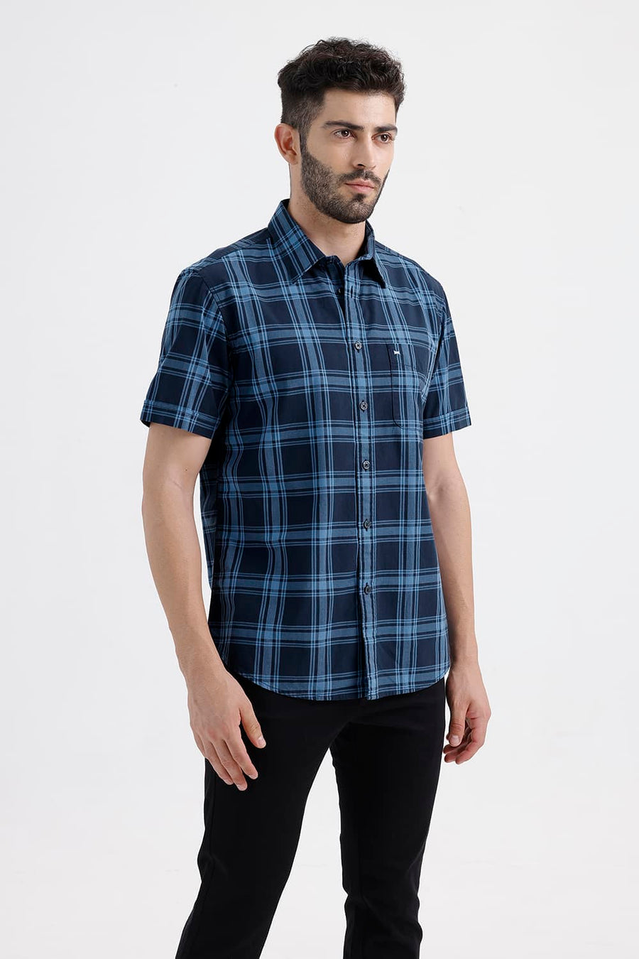 BASICS SLIM FIT BLUE ECLIPSE COTTON DOBBY CHECKS HALFSLEEVES SHIRT