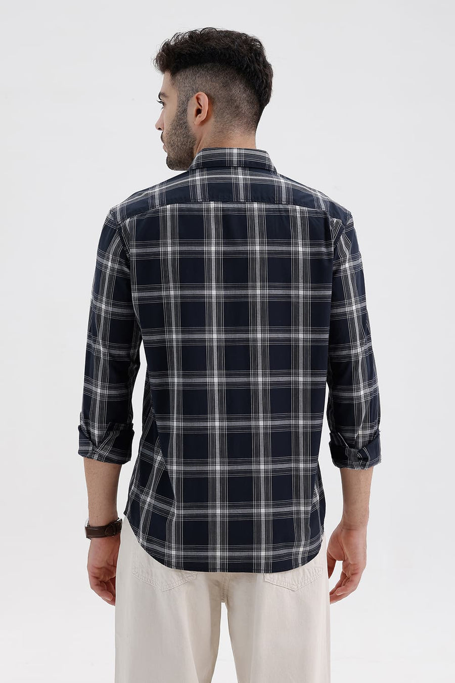 BASICS SLIM FIT NAVY CAPTAIN COTTON DOBBY CHECKS SHIRT
