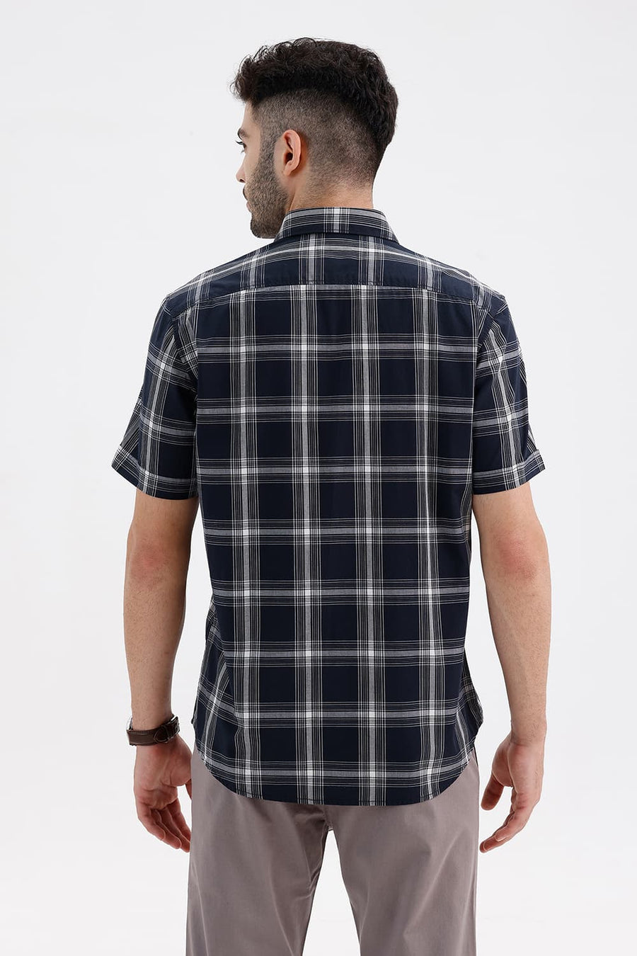 BASICS SLIM FIT NAVY CAPTAIN COTTON DOBBY CHECKS HALFSLEEVES SHIRT