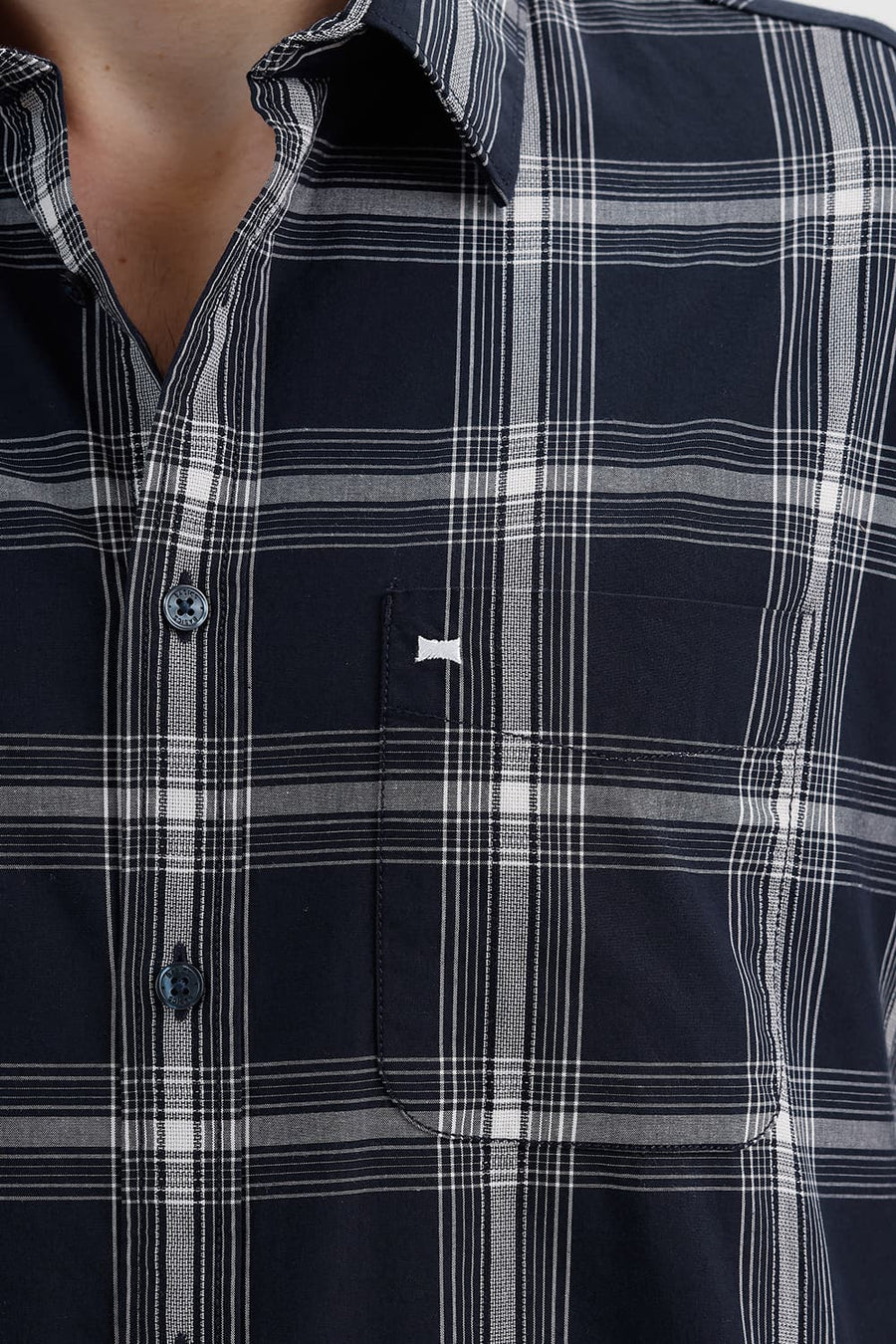 BASICS SLIM FIT NAVY CAPTAIN COTTON DOBBY CHECKS SHIRT
