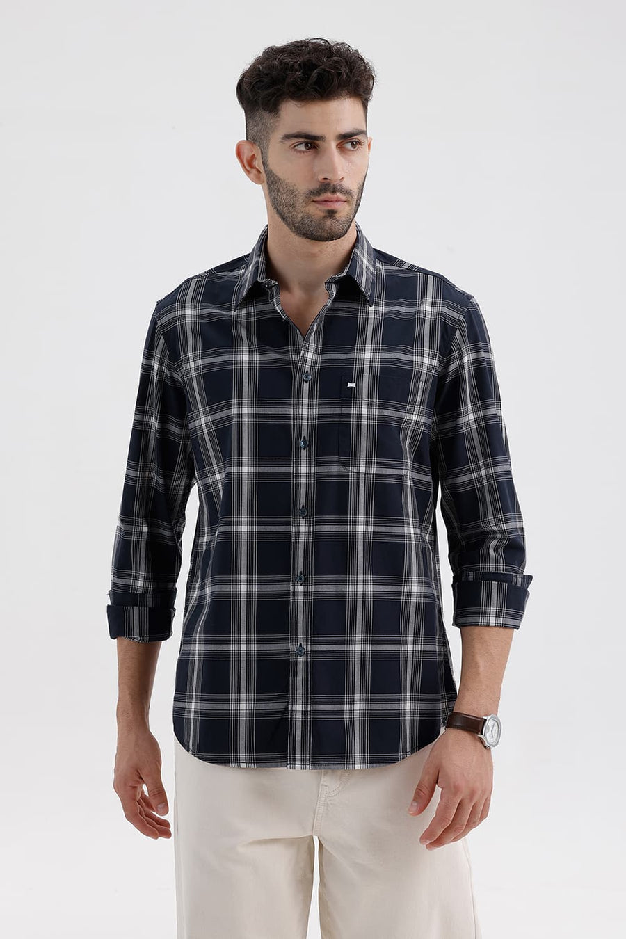 BASICS SLIM FIT NAVY CAPTAIN COTTON DOBBY CHECKS SHIRT