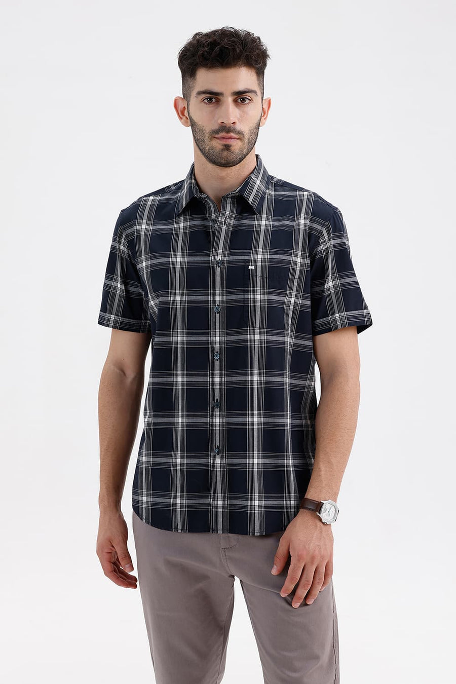 BASICS SLIM FIT NAVY CAPTAIN COTTON DOBBY CHECKS HALFSLEEVES SHIRT