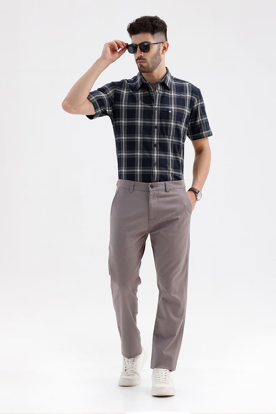 BASICS SLIM FIT NAVY CAPTAIN COTTON DOBBY CHECKS HALFSLEEVES SHIRT