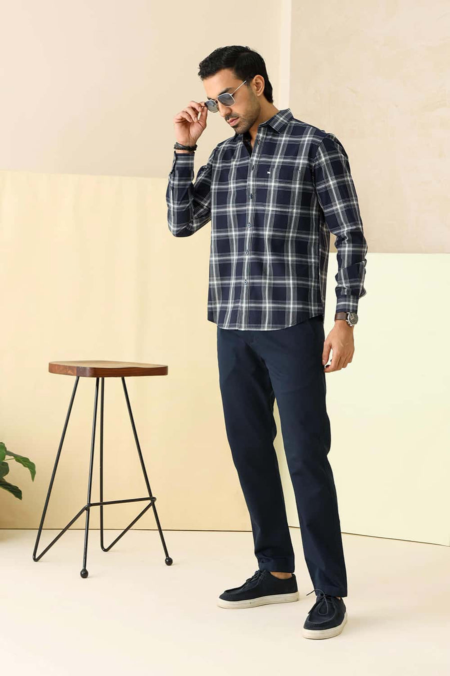 Basics Slim Fit Navy Captain Cotton Dobby Checks Shirt