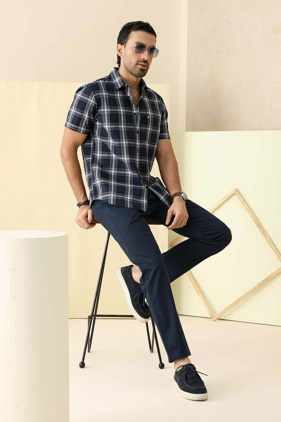 Basics Slim Fit Navy Captain Cotton Dobby Checks Halfsleeves Shirt