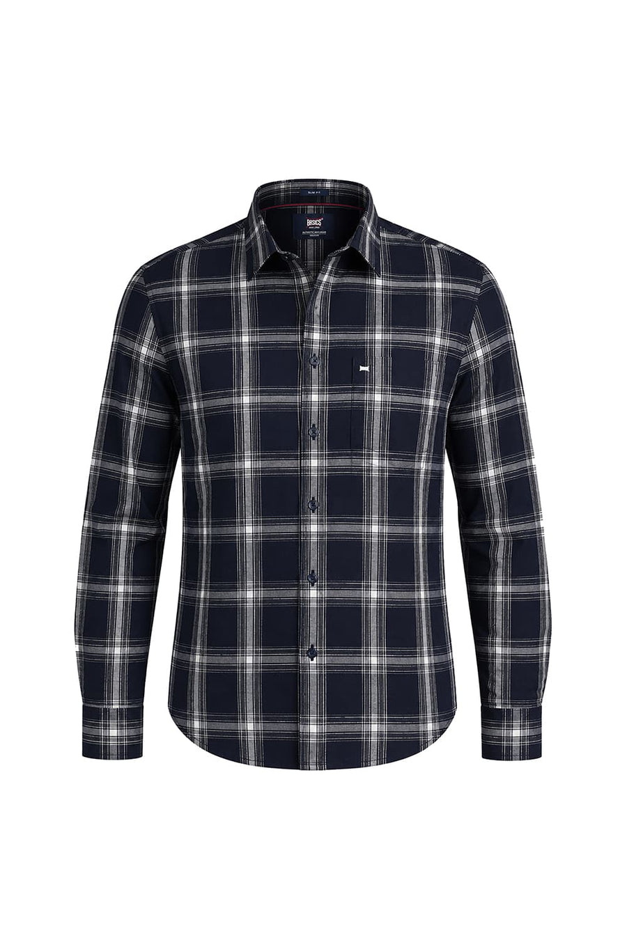 BASICS SLIM FIT NAVY CAPTAIN COTTON DOBBY CHECKS SHIRT