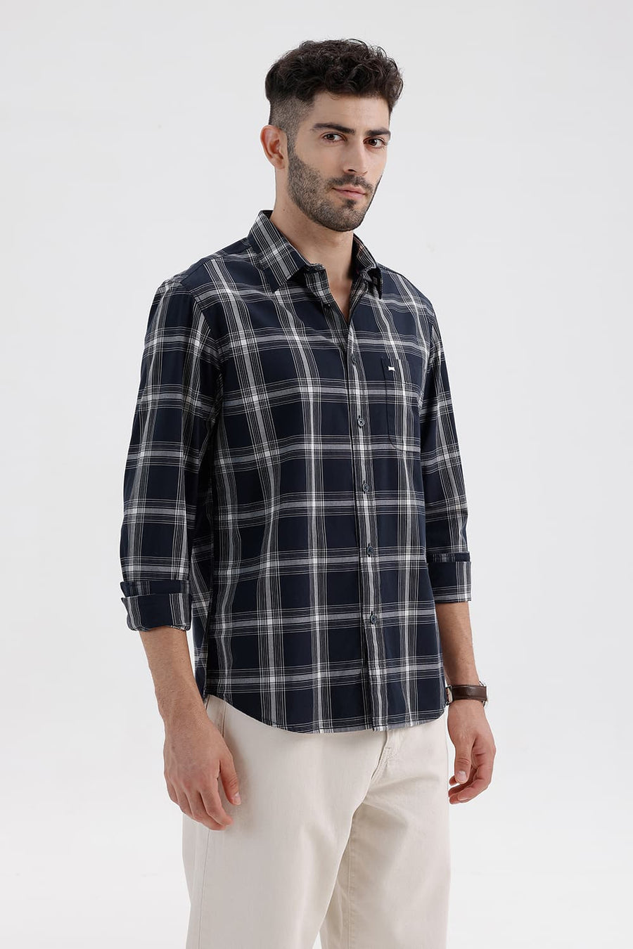BASICS SLIM FIT NAVY CAPTAIN COTTON DOBBY CHECKS SHIRT
