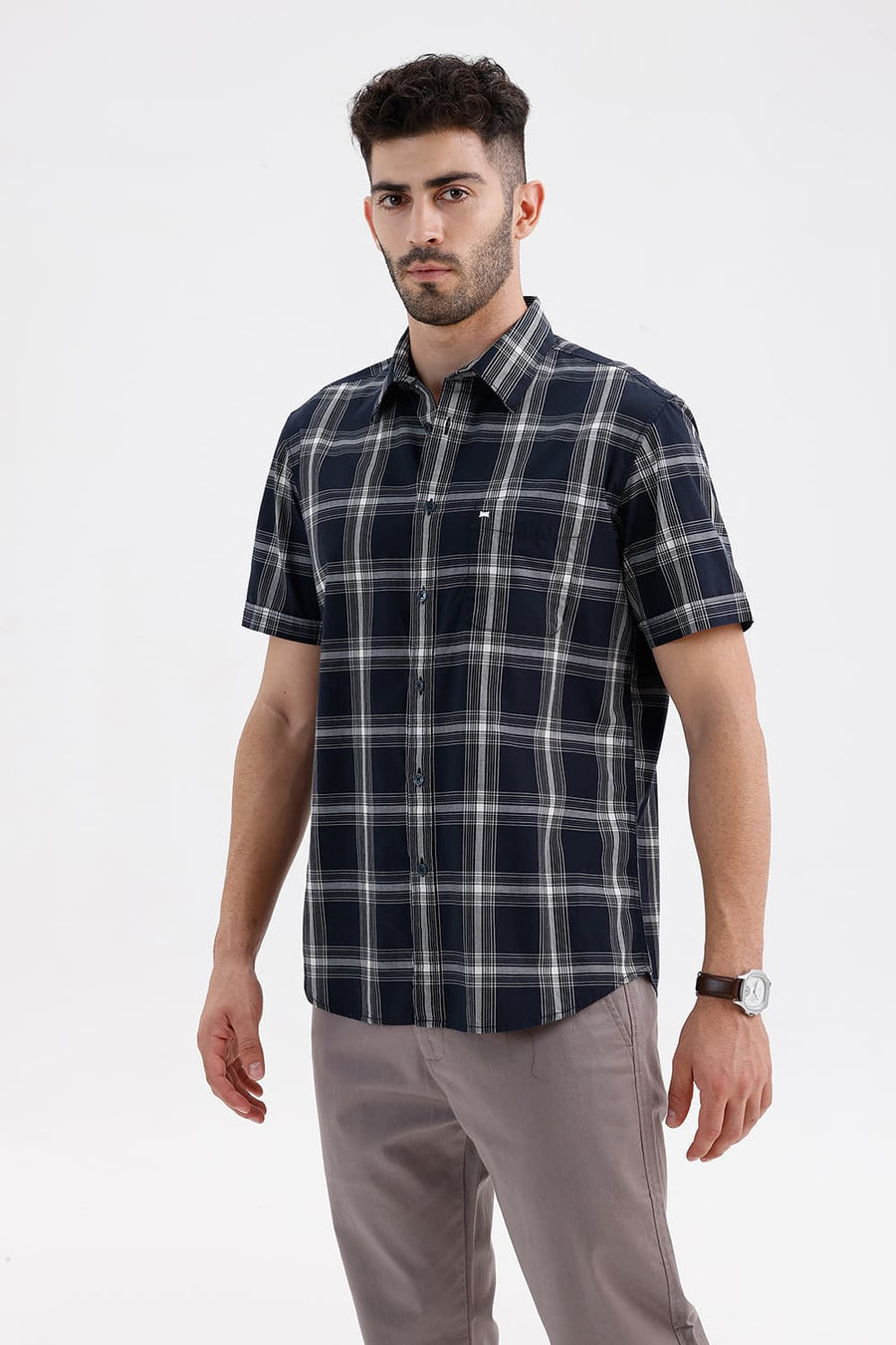 BASICS SLIM FIT NAVY CAPTAIN COTTON DOBBY CHECKS HALFSLEEVES SHIRT