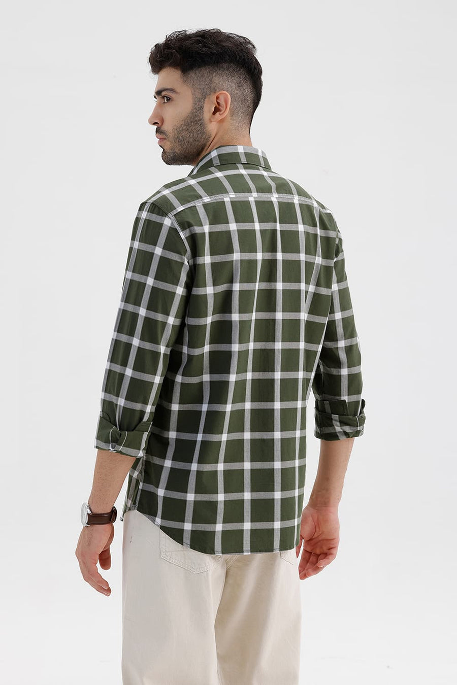 BASICS SLIM FIT RIFLE GREEN COTTON DOBBY CHECKS SHIRT