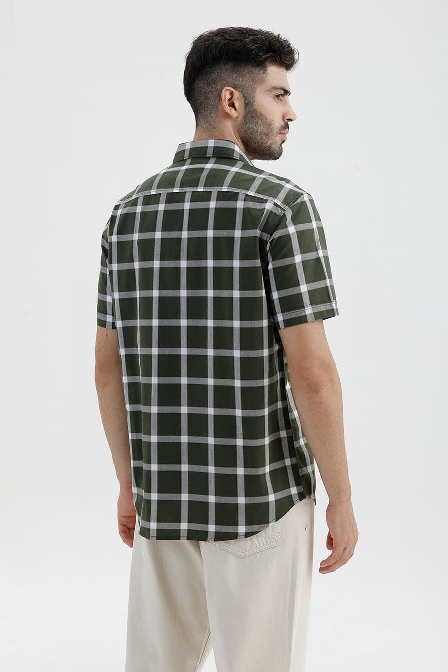 BASICS SLIM FIT RIFLE GREEN COTTON DOBBY CHECKS HALFSLEEVES SHIRT