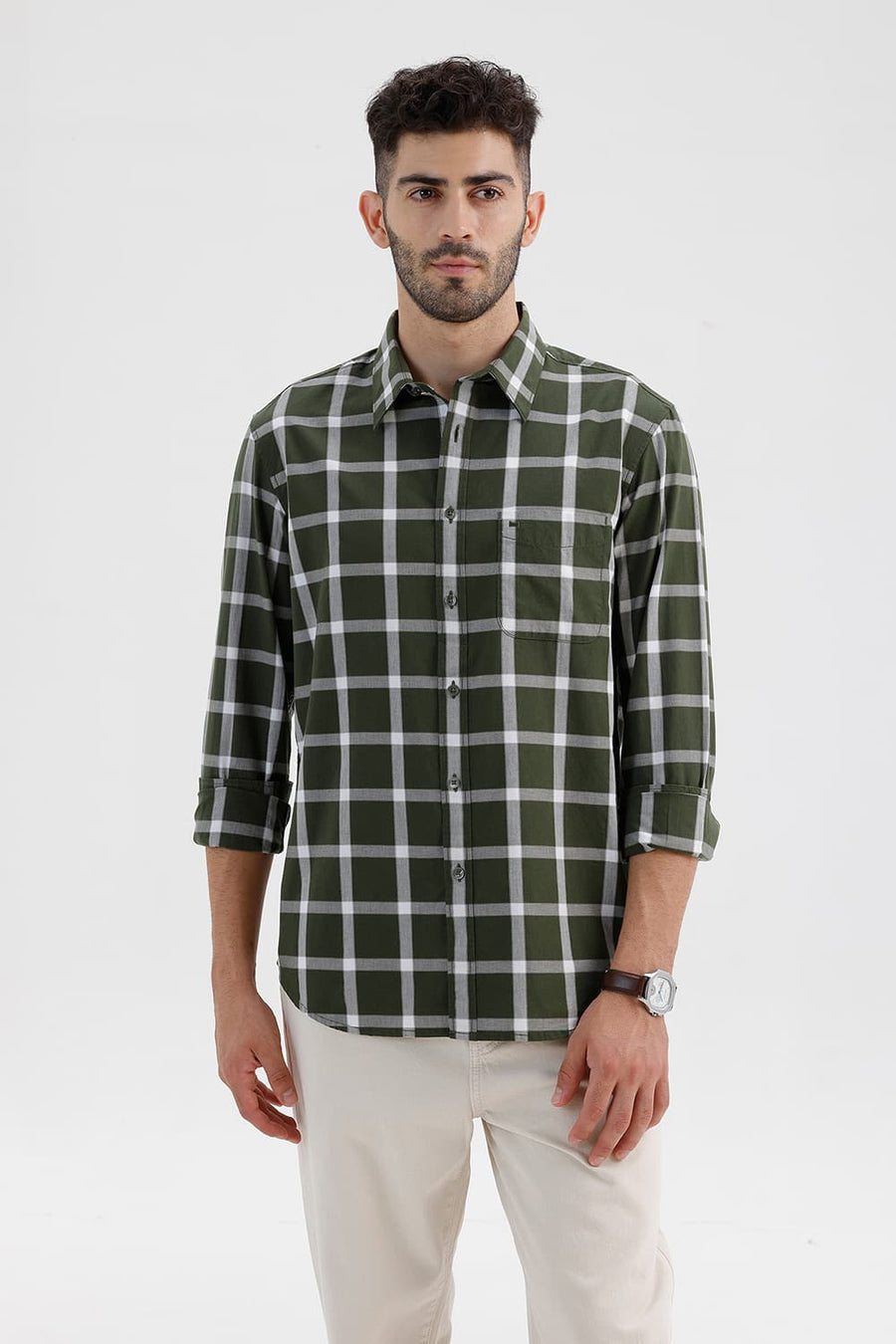 BASICS SLIM FIT RIFLE GREEN COTTON DOBBY CHECKS SHIRT