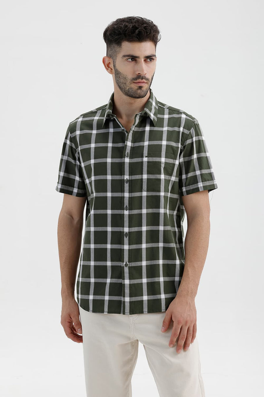 BASICS SLIM FIT RIFLE GREEN COTTON DOBBY CHECKS HALFSLEEVES SHIRT