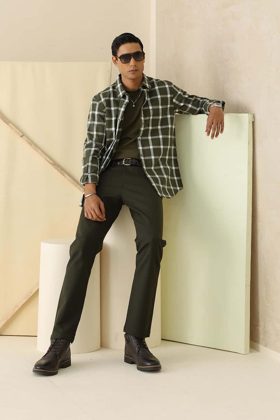 Basics Slim Fit Rifle Green Cotton Dobby Checks Shirt