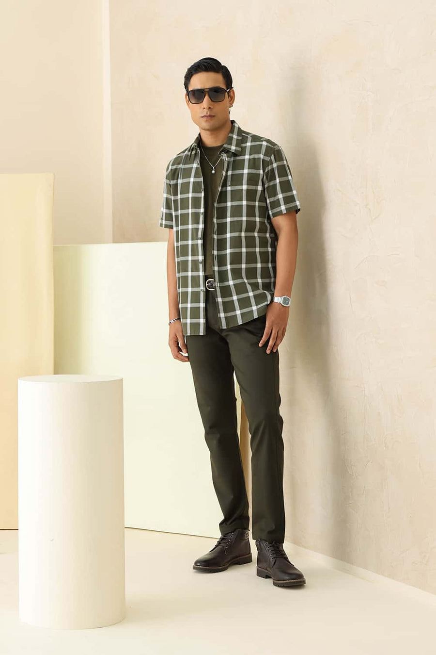 Basics Slim Fit Rifle Green Cotton Dobby Checks Halfsleeves Shirt