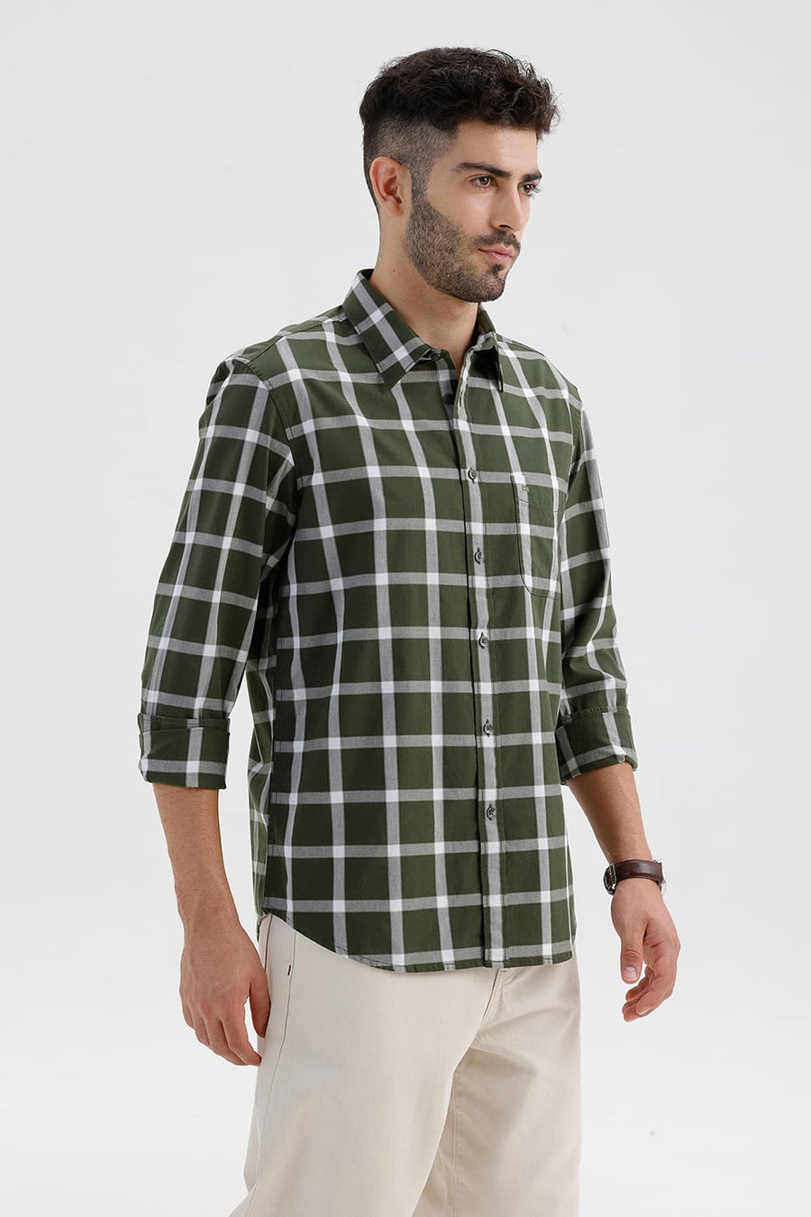 BASICS SLIM FIT RIFLE GREEN COTTON DOBBY CHECKS SHIRT