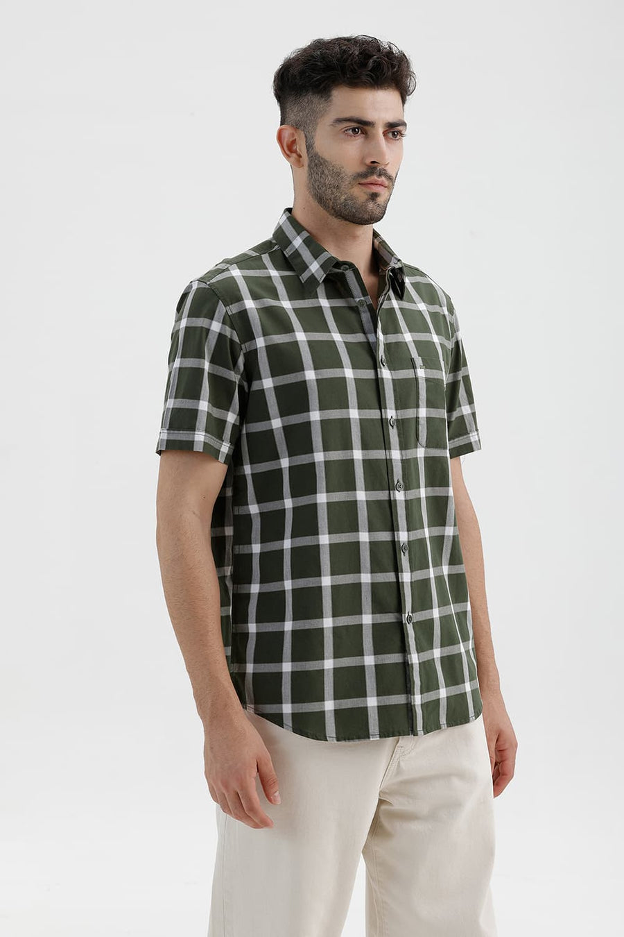 BASICS SLIM FIT RIFLE GREEN COTTON DOBBY CHECKS HALFSLEEVES SHIRT