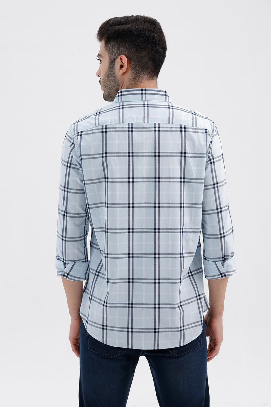 BASICS SLIM FIT BLUE WATER COTTON DOBBY CHECKS SHIRT