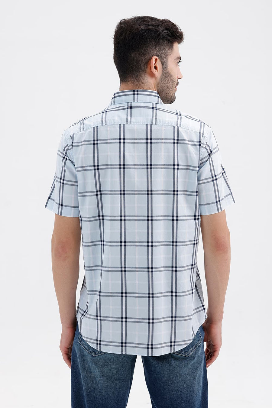 BASICS SLIM FIT BLUE WATER COTTON DOBBY CHECKS HALFSLEEVES SHIRT