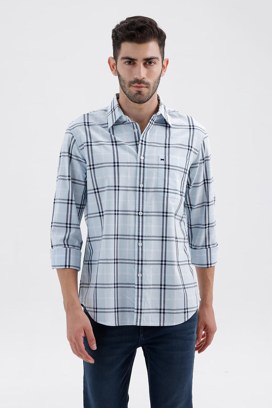 BASICS SLIM FIT BLUE WATER COTTON DOBBY CHECKS SHIRT