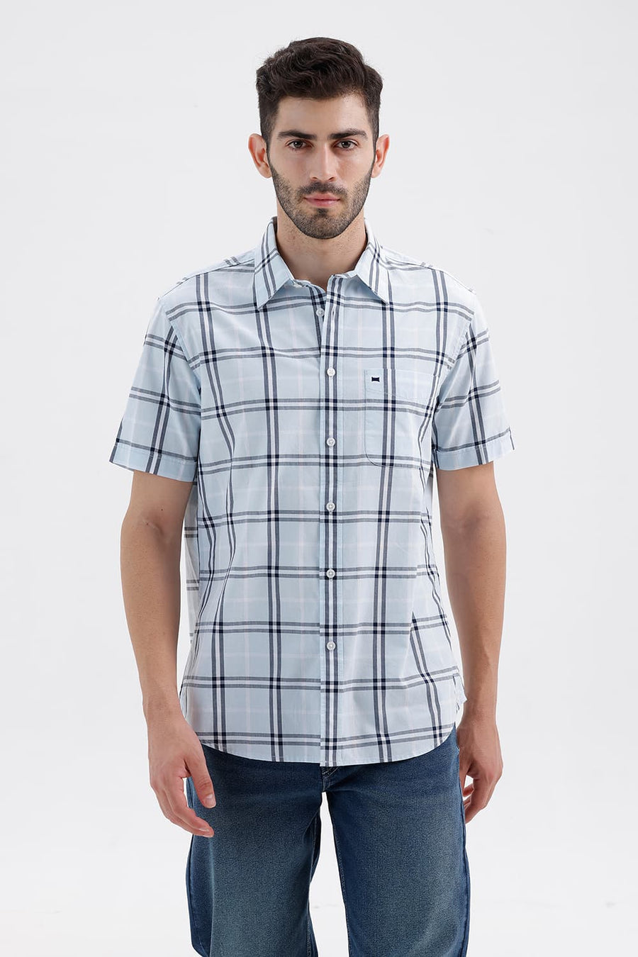 BASICS SLIM FIT BLUE WATER COTTON DOBBY CHECKS HALFSLEEVES SHIRT