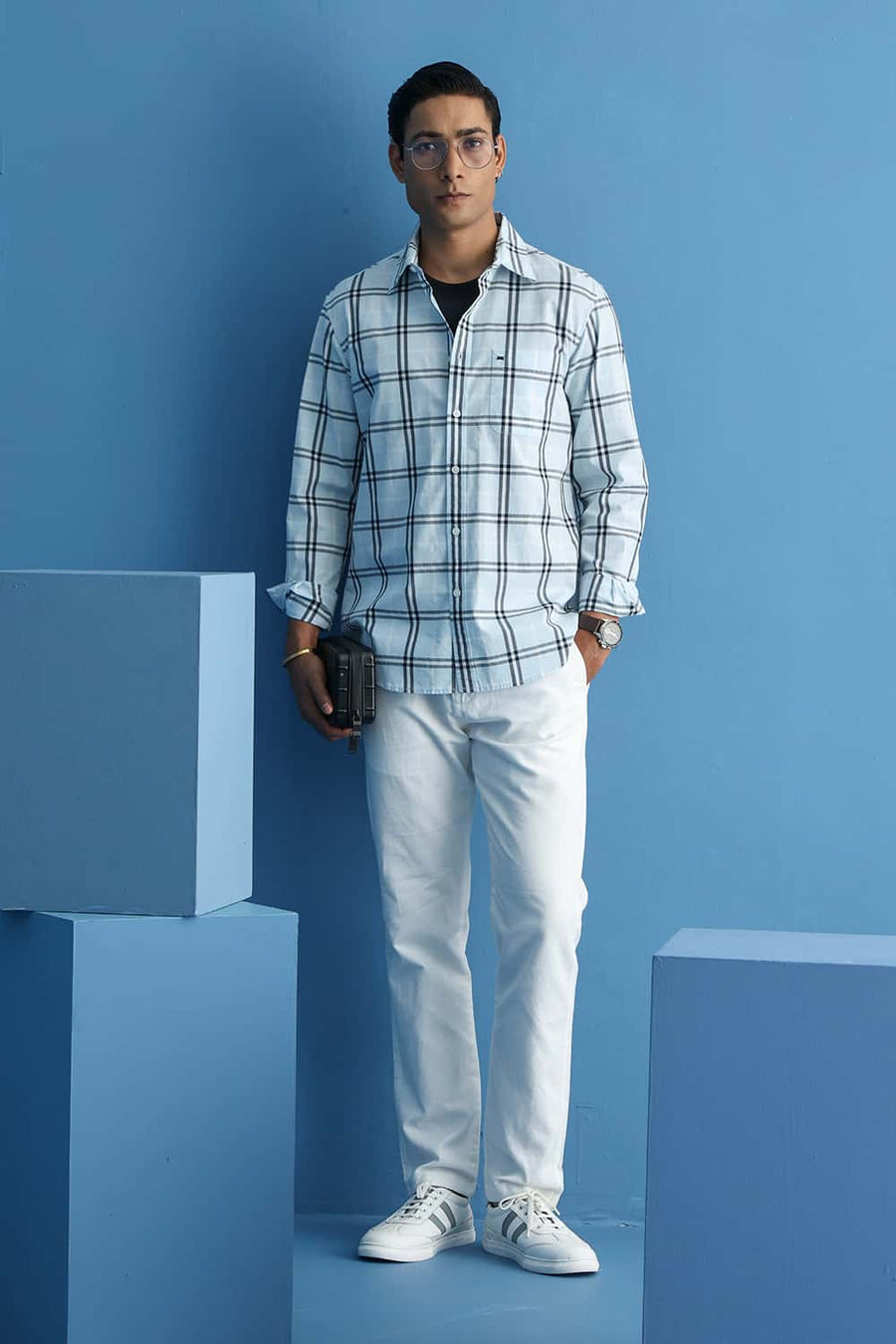 Basics Slim Fit Blue Water Cotton Dobby Checks Shirt