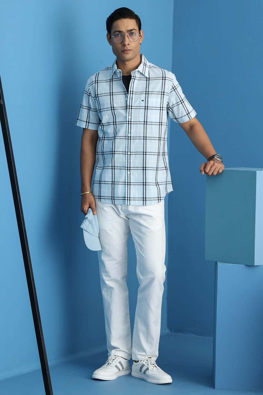 Basics Slim Fit Blue Water Cotton Dobby Checks Halfsleeves Shirt