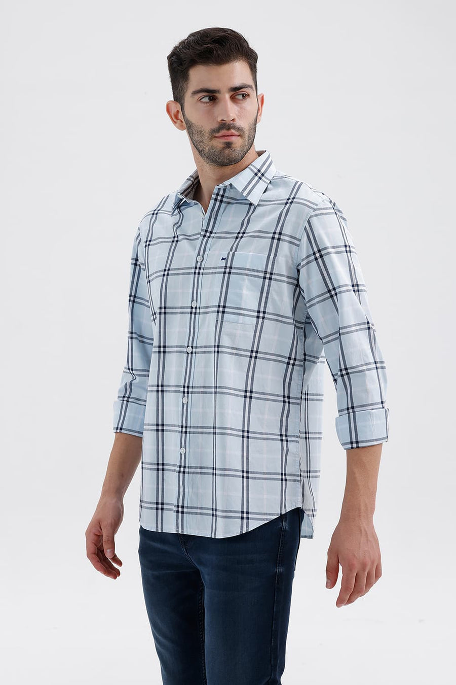 BASICS SLIM FIT BLUE WATER COTTON DOBBY CHECKS SHIRT
