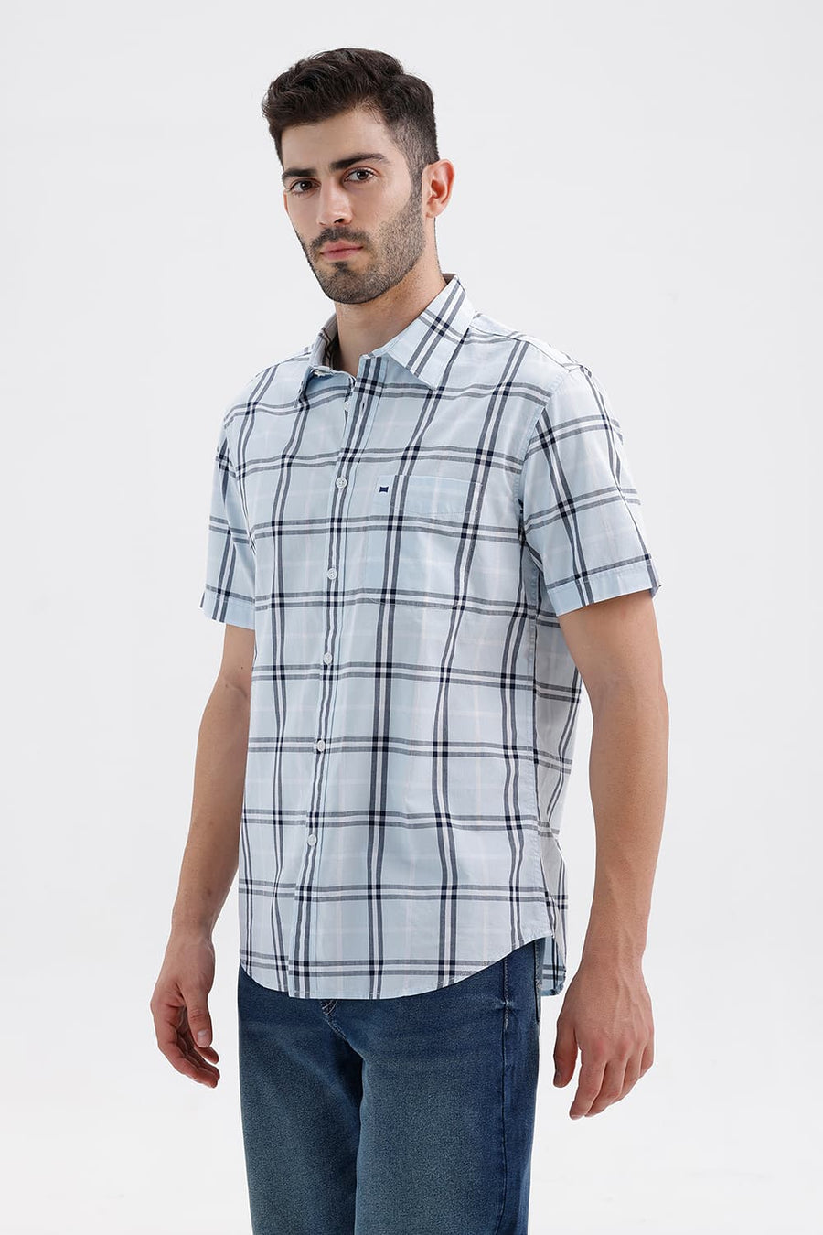 BASICS SLIM FIT BLUE WATER COTTON DOBBY CHECKS HALFSLEEVES SHIRT