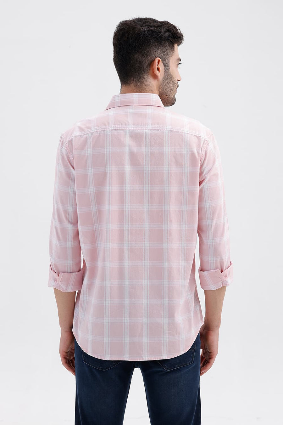 BASICS SLIM FIT BARLEY PINK COTTON DOBBY CHECKS SHIRT