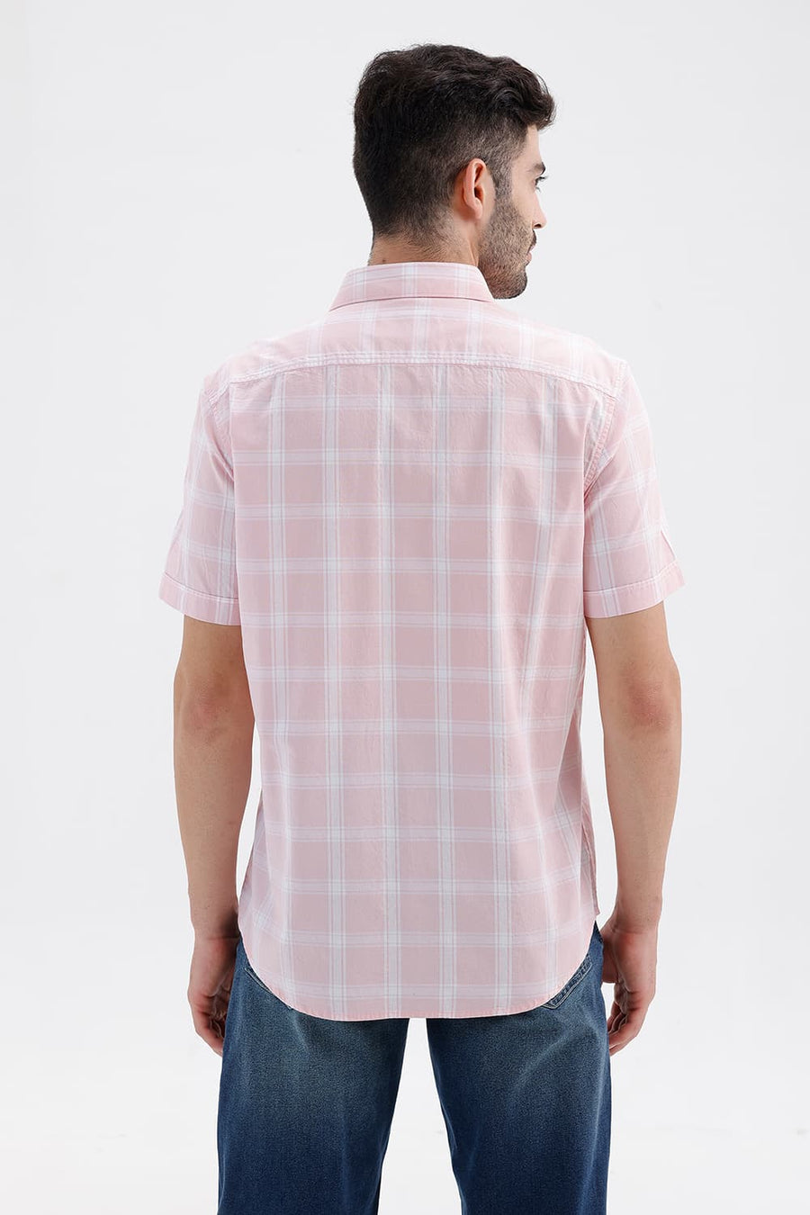 BASICS SLIM FIT BARLEY PINK COTTON DOBBY CHECKS HALFSLEEVES SHIRT