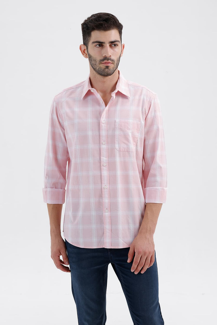 BASICS SLIM FIT BARLEY PINK COTTON DOBBY CHECKS SHIRT