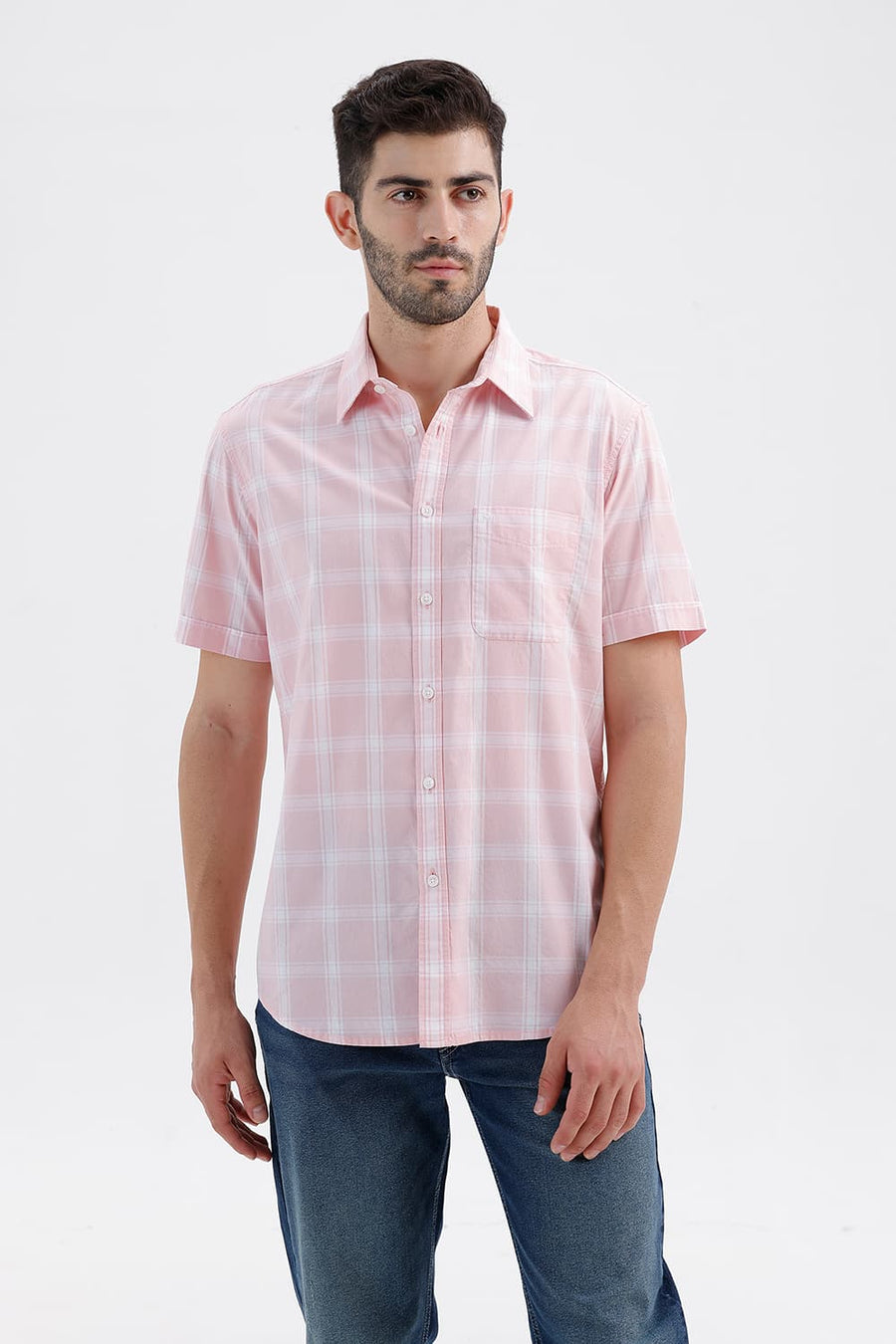 BASICS SLIM FIT BARLEY PINK COTTON DOBBY CHECKS HALFSLEEVES SHIRT