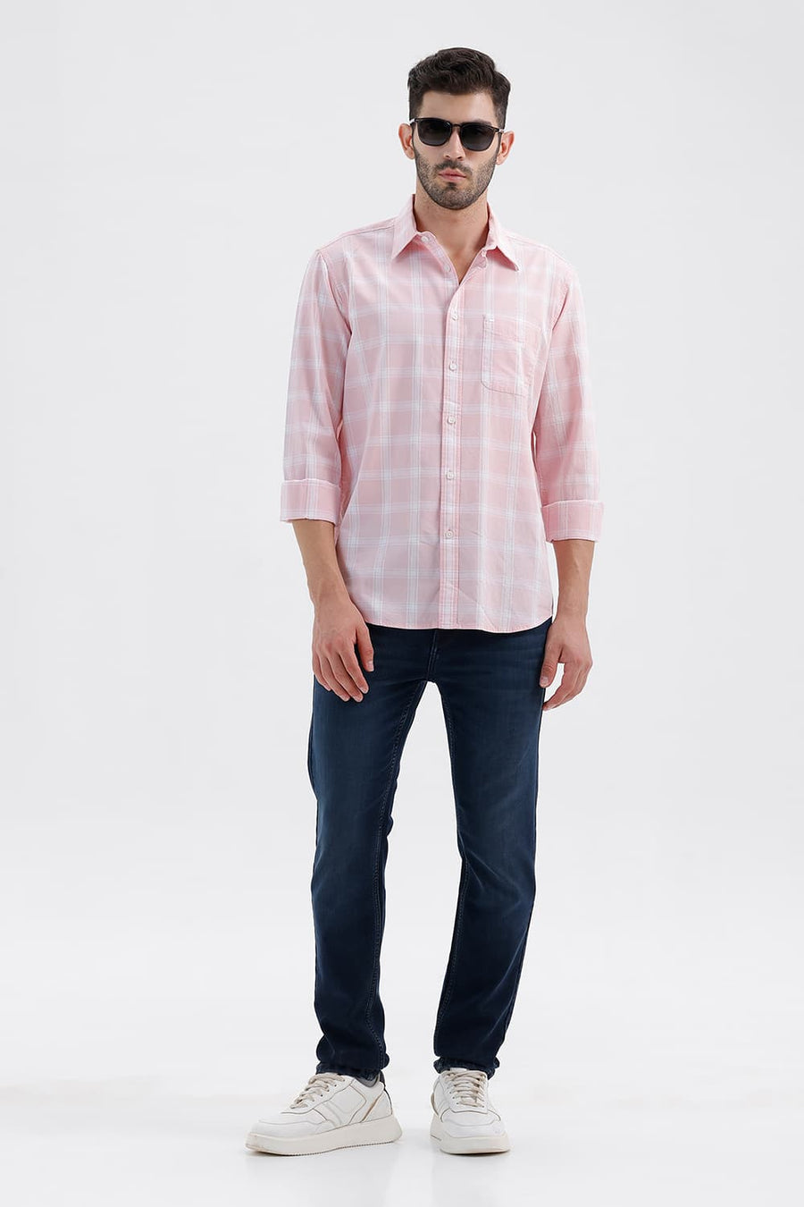 BASICS SLIM FIT BARLEY PINK COTTON DOBBY CHECKS SHIRT