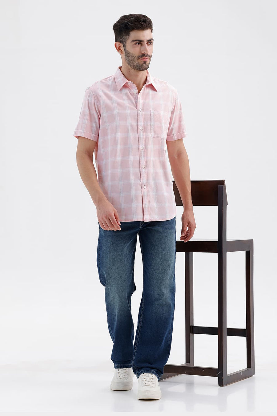 BASICS SLIM FIT BARLEY PINK COTTON DOBBY CHECKS HALFSLEEVES SHIRT